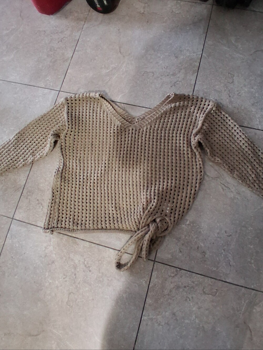 Beige Open-Knit V-Neck Tie-Waist Women's Sweater